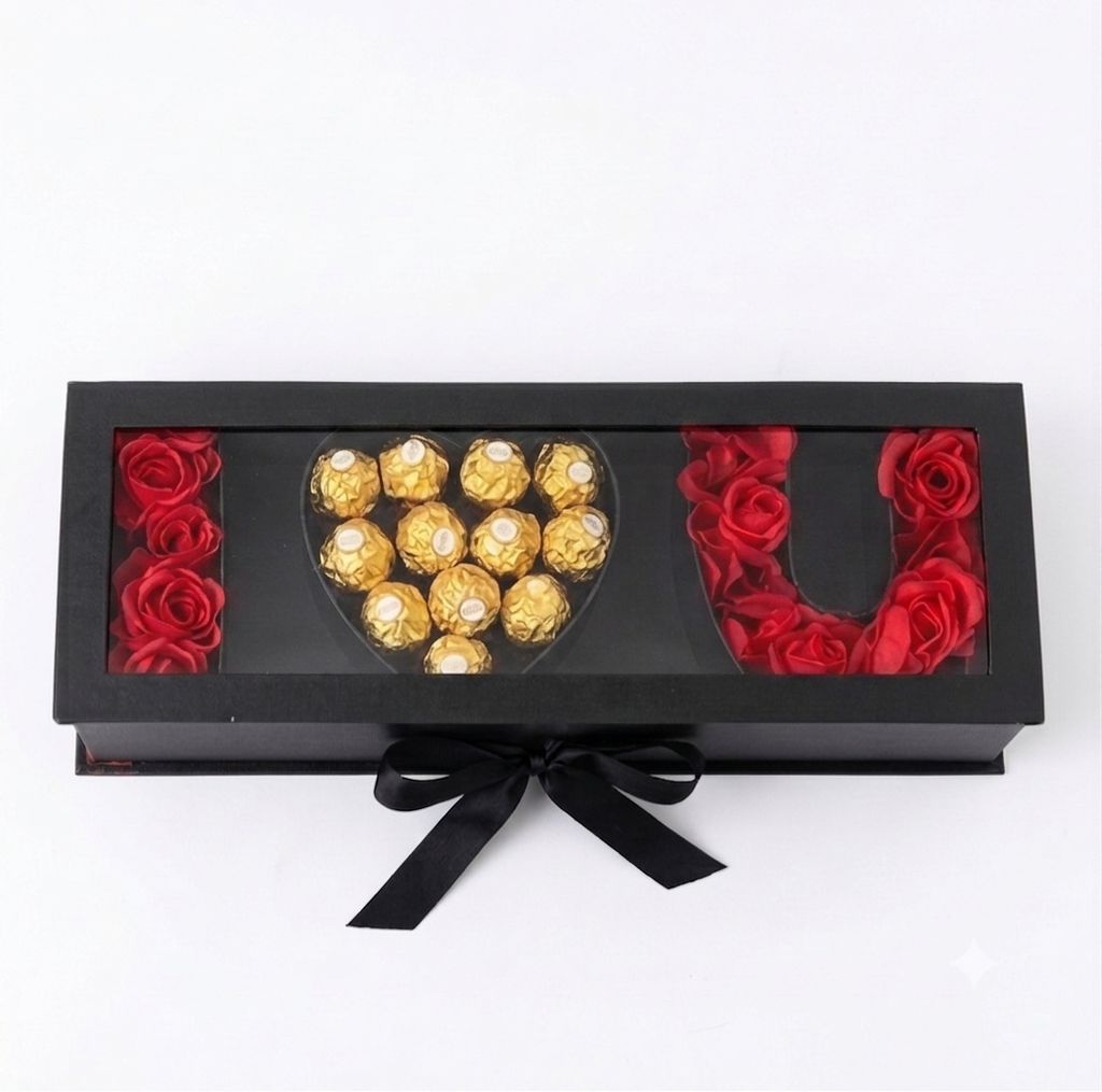 "I Love You" Luxury Gift Box with Choclate & Red Roses